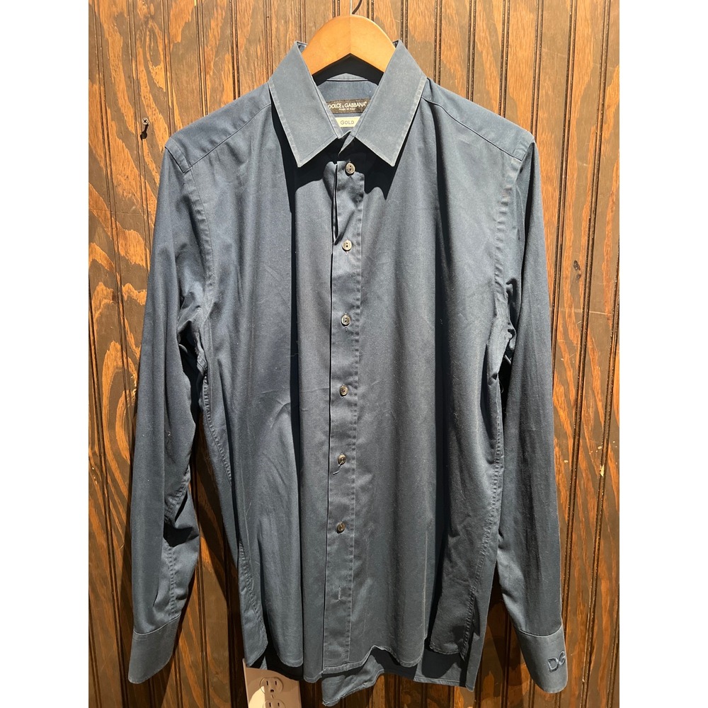 Dolce & Gabbana Gold Navy Blue Button Down Dress Shirt DG Logo Cuff Italy